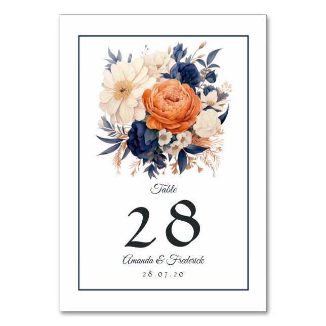 Hochzeitsfeier mit Blauer Navy, Burnt Orange & Cha Tischnummer (Vorderseite)