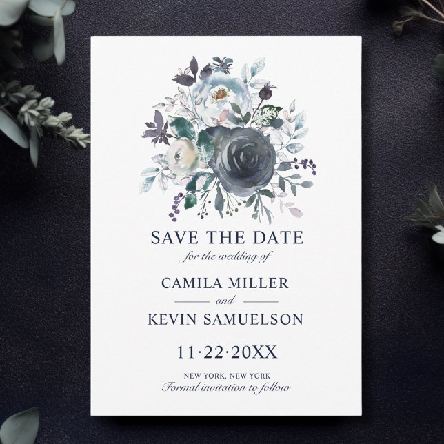 Hochzeitsfeier mit Blauer Seenot Save The Date (Watercolor Classic Blue Navy Floral Wedding Save The Date)