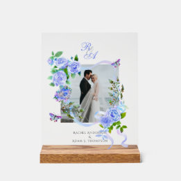 Hochzeitsfeier mit Blue Rose Ribbon Monogram Foto Acrylschild