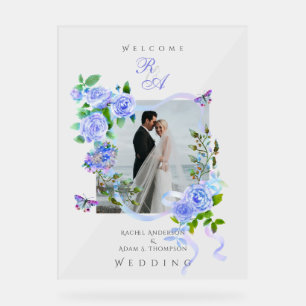 Hochzeitsfeier mit Blue Rose Ribbon Monogram Foto Acrylschild
