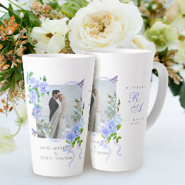 Hochzeitsfeier mit Blue Rose Ribbon Monogram Foto Milchtasse