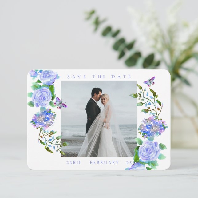 Hochzeitsfeier mit Blue Rose Ribbon Monogram Foto Save The Date (Stehend Vorderseite)