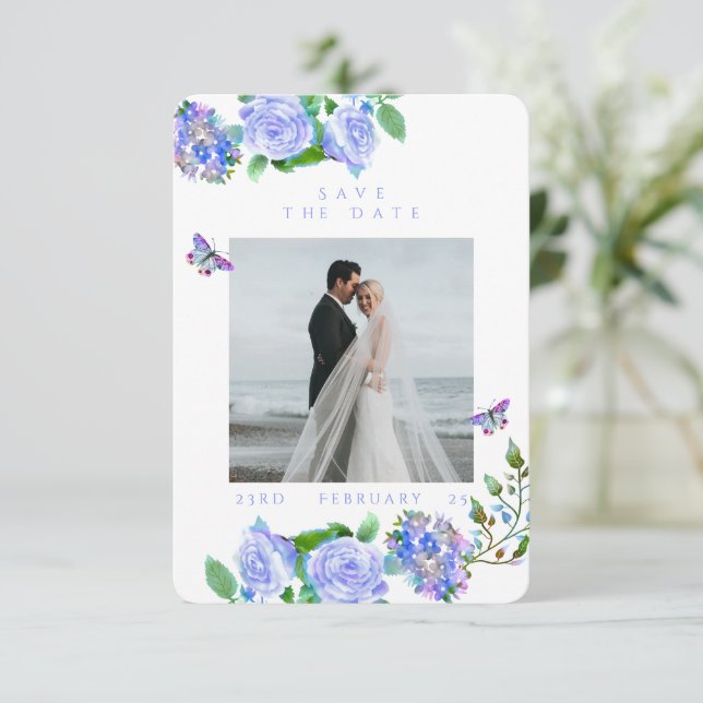Hochzeitsfeier mit Blue Rose Ribbon Monogram Foto Save The Date (Stehend Vorderseite)