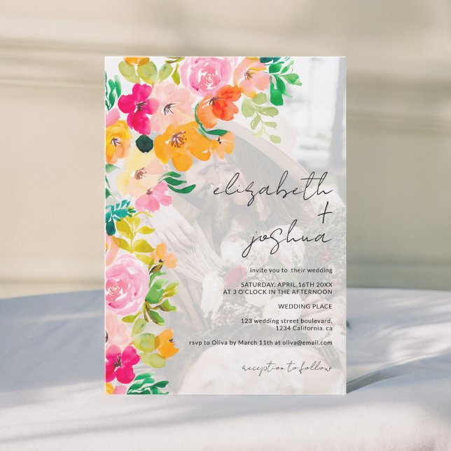 Hochzeitsfeier mit blühenden Fotos Einladung (Summer boho floral watercolor photo wedding invitation)