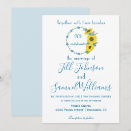 Hochzeitsfeier mit Blumen in Blau und Weiß Einladung