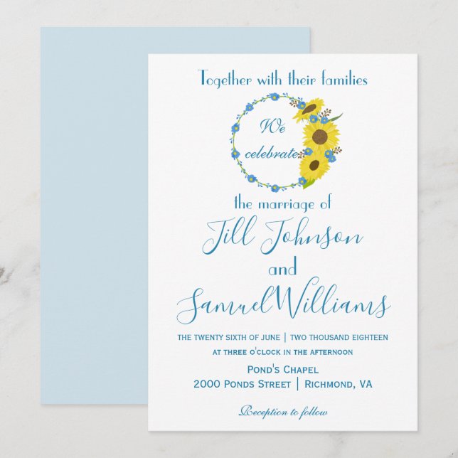 Hochzeitsfeier mit Blumen in Blau und Weiß Einladung (Vorne/Hinten)