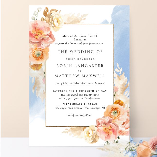 Hochzeitsfeier mit dem farbenfrohen blauen Pfirsic Einladung (Von Creator hochgeladen)