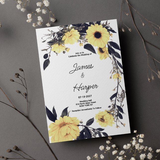 Hochzeitsfeier mit dunkelgrauem, blumigem Brauchtu Einladung (Watercolor yellow dark gray daisy floral Wedding )