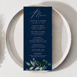 Hochzeitsfeier mit einer reichen Grünen-Marine Menükarte<br><div class="desc">Elegantes Hochzeitsmenü mit "Menü", das in einem modernen Kalligrafieschrift mit einem Bouquet Eukalyptus, Farn und anderen üppigen Grünpflanzen auf marinischem Hintergrund angezeigt wird. Persönlich gestalten Sie das botanische Hochzeitsmenü mit Ihren Namen, dem Hochzeitsdatum und dem Abendmenü. Das einfache Hochzeitsmenü wechselt zu einem soliden marinen Hintergrund mit Platz für Fotos und...</div>