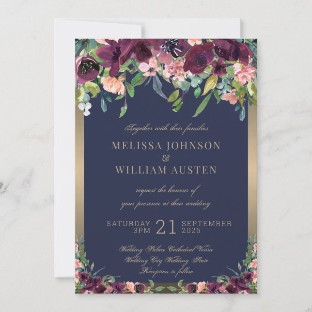 Hochzeitsfeier mit floralen Watercolor Navy Gold B Einladung (Vorderseite)