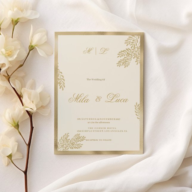 Hochzeitsfeier mit Goldleder-Glitzer Einladung (Luxury ivory gold glitter leaf floral Wedding)