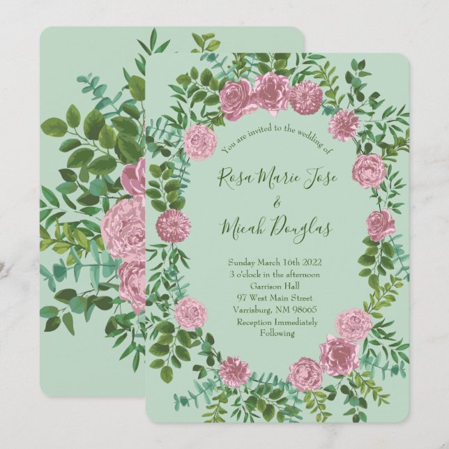 Hochzeitsfeier mit hellgrün und blassrosa Rose Einladung (Vorne/Hinten)