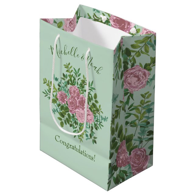 Hochzeitsfeier mit hellgrün und blassrosa Rose Mittlere Geschenktüte (Vorderseite Schrägansicht)