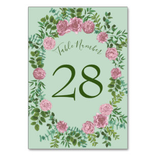 Hochzeitsfeier mit hellgrün und blassrosa Rose Tischnummer