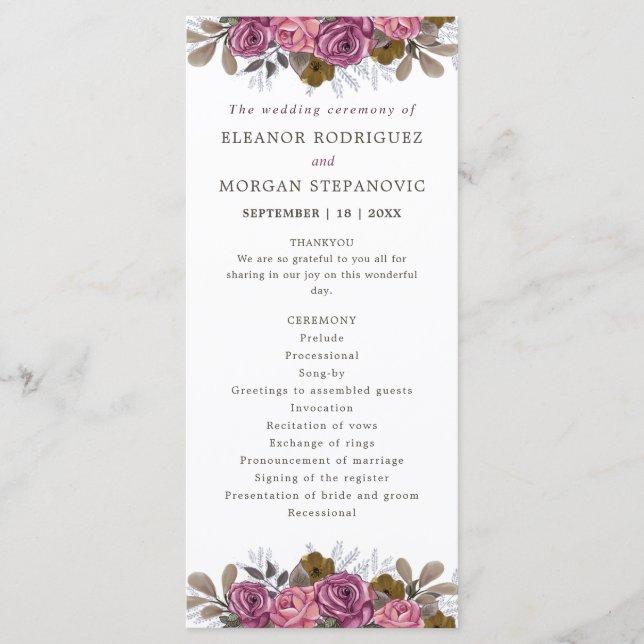 Hochzeitsfeier mit lila Rose Programm (Vorderseite)