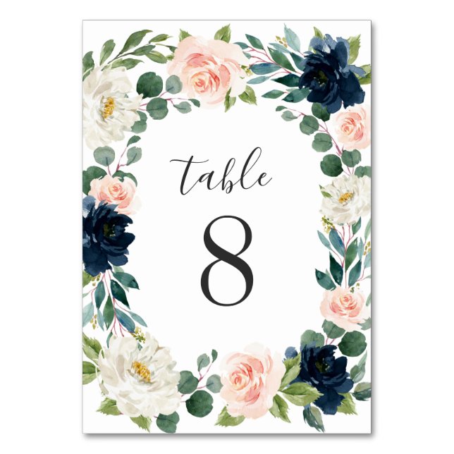 Hochzeitsfeier mit navy und Blush Pink Floral Chic Tischnummer (Vorderseite)