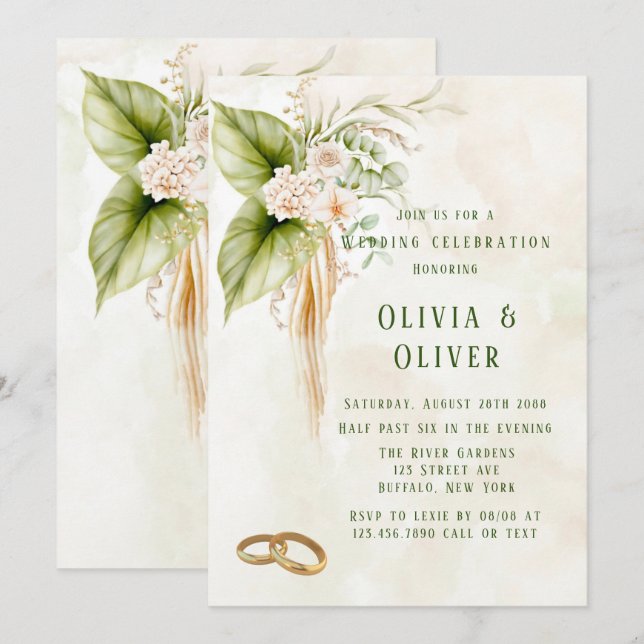 Hochzeitsfeier mit Olive Green Tropical Florals Einladung (Vorne/Hinten)