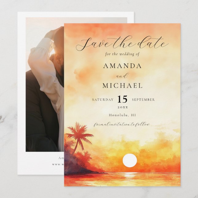 Hochzeitsfeier mit Orange Beach Sunset Foto Save The Date (Vorne/Hinten)