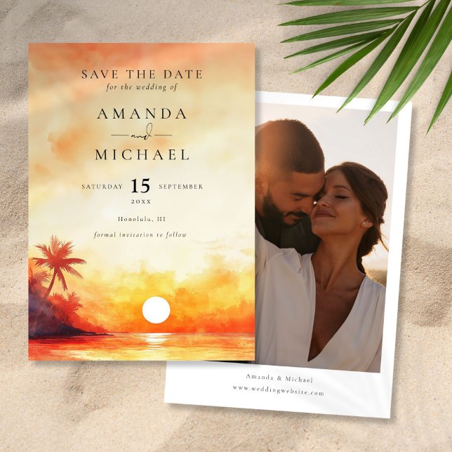 Hochzeitsfeier mit Orange Beach Sunset Foto Save The Date (Watercolor Orange Beach Sunset Photo Wedding Save The Date)