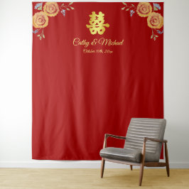 Hochzeitsfeier mit orangefarbenem Tee Wandteppich