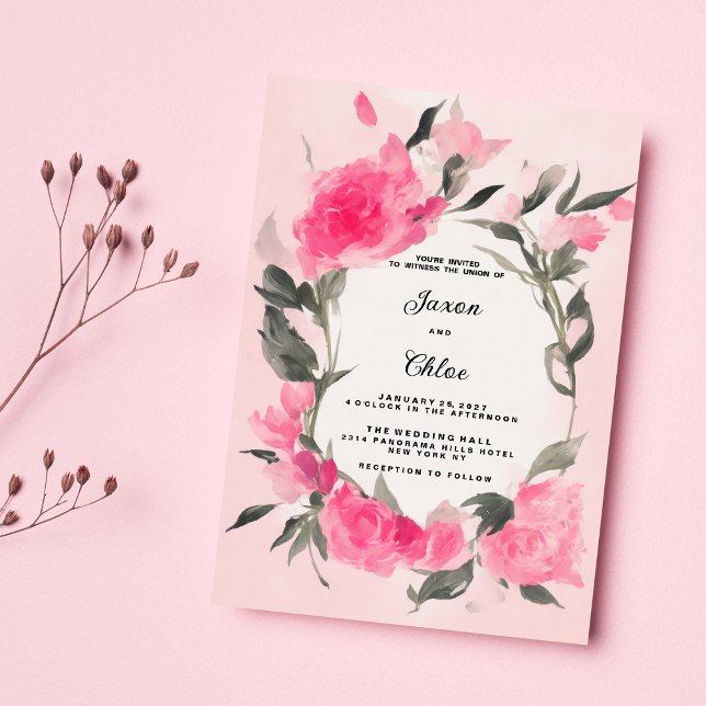 Hochzeitsfeier mit rosa Blumenmotiv Einladung (Watercolor pink gray floral theme Wedding )