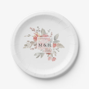 Hochzeitsfeier mit rosa, graue, florale Wasserfarb Pappteller
