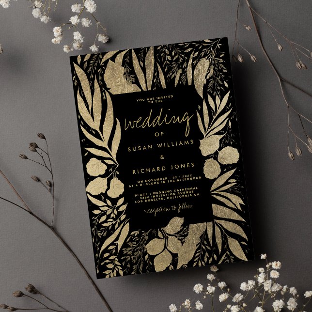 Hochzeitsfeier mit schwarzem Blattgold Einladung (Sophisticated black gold foliage floral wedding invitation )