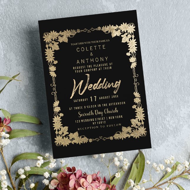 Hochzeitsfeier mit schwarzem goldfarbenem Rahmen Einladung (Classy black gold floral frame border Wedding)