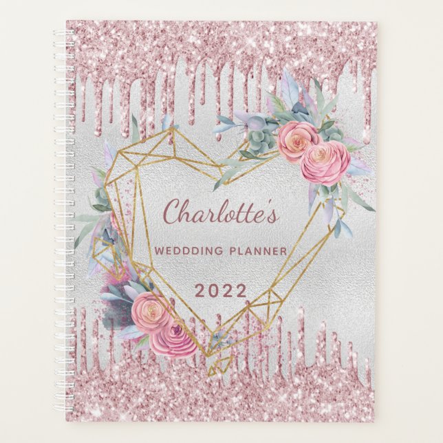 Hochzeitsfeier mit Silberblütenrot Rosa Glitzer Planer (Vorderseite)