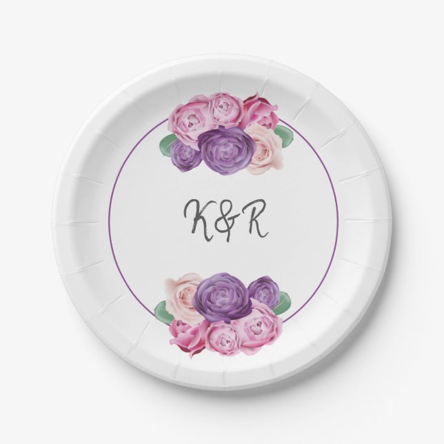 Hochzeitsfeier mit ultraviolettem und rosa Rosenbl Pappteller (Vorderseite)