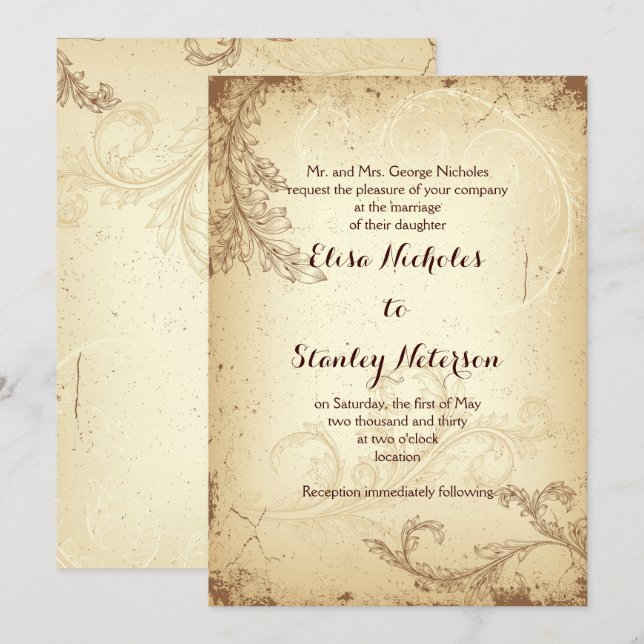 Hochzeitsfeier mit Vintagem braunem Blätterblatt Einladung (Vorne/Hinten)