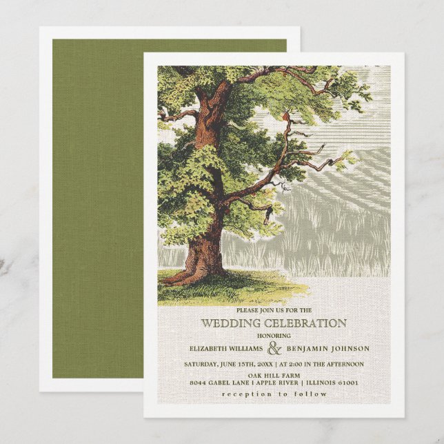 Hochzeitsfeier mit Vintagem Eichenbaum Einladung (Vorne/Hinten)