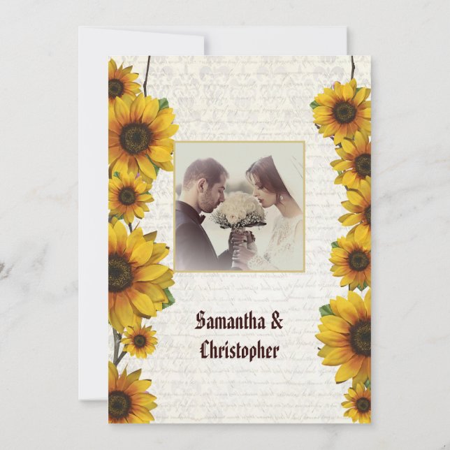Hochzeitsfeier mit Vintager Sonnenblume Foto Einladung (Rückseite)