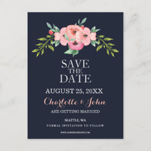 Hochzeitsfeier mit Wasserfarben-Navy-Blush Ankündigungspostkarte