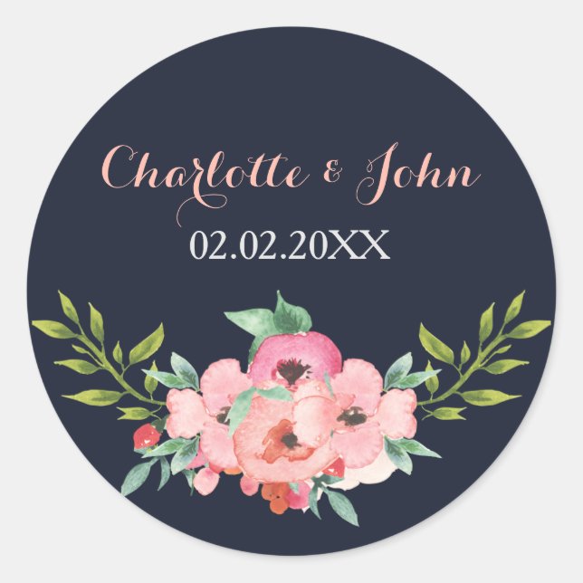Hochzeitsfeier mit Wasserfarben-Navy-Blush Runder Aufkleber (Vorderseite)