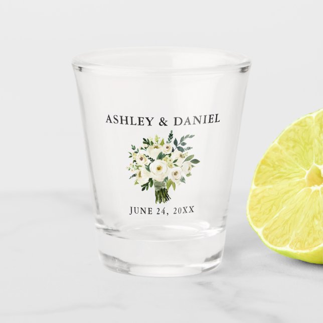 Hochzeitsfeier mit weißer Blüte Schnapsglas (Vorderseite)