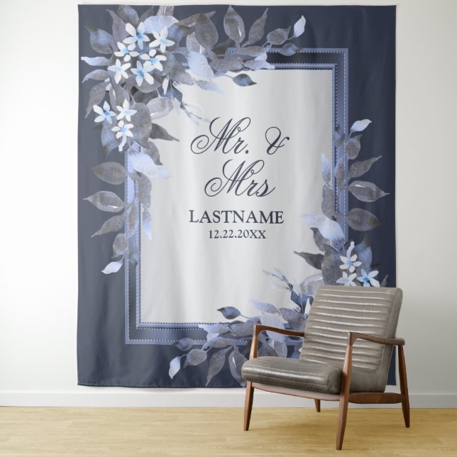 Hochzeitsfeier Navy Blue Floral Silver Gray Modern Wandteppich (Beispiel)
