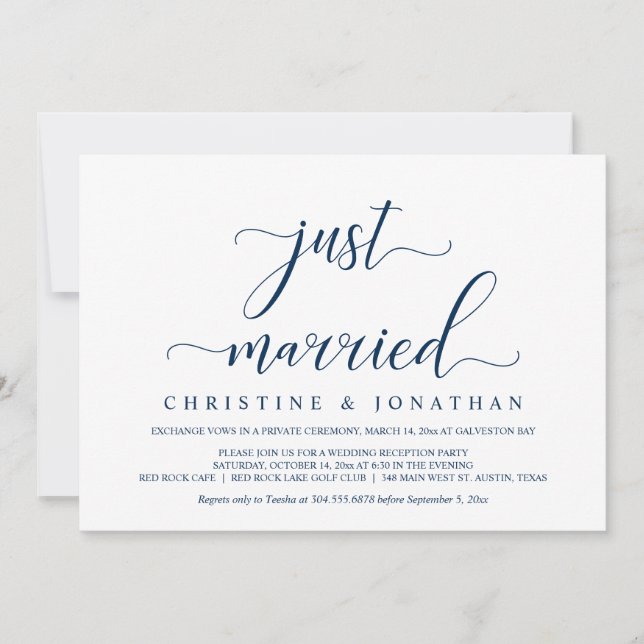 Hochzeitsfeier, Navy Blue, Just Married Party Einladung (Vorderseite)