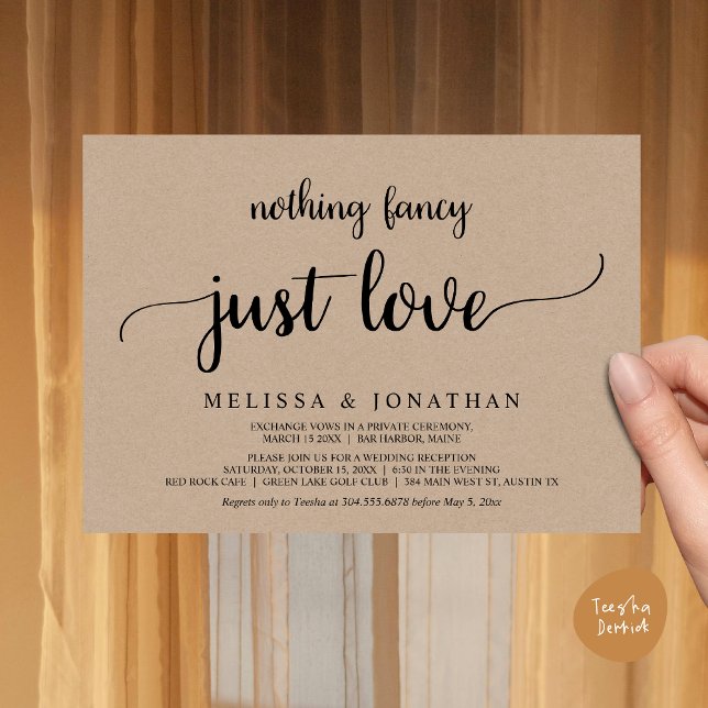 Hochzeitsfeier, nichts Extravagant nur Liebe Dinne Einladung (Wedding Elopement, Nothing Fancy Just Love Dinner Invitation Card, PDF, Rustic Cottage Brown Kraft)