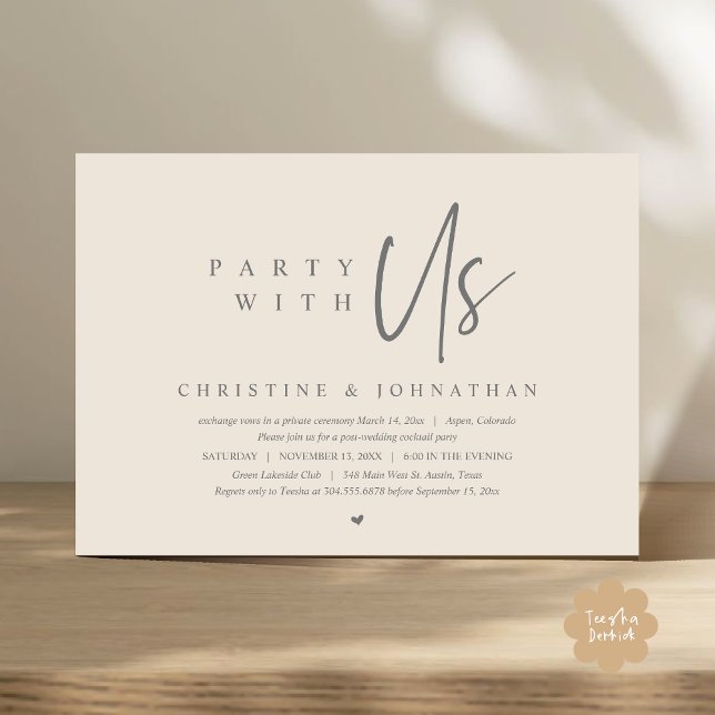 Hochzeitsfeier, Party mit uns Einladung (Party with us Modern Casual Wedding Elopement Dinner Party Dancing Invitation Card PDF Cream Grey)