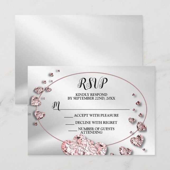 Hochzeitsfeier Pink Peach Shiny Hearts Geometric RSVP Karte (Vorne/Hinten)