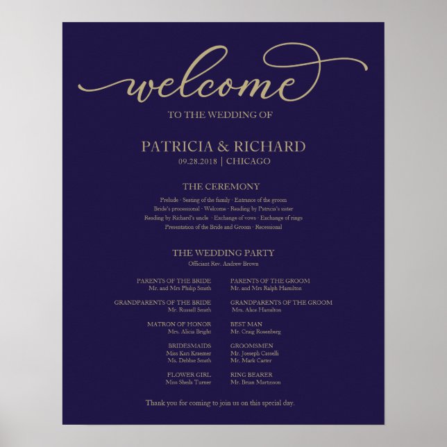Hochzeitsfeier Programm Gold Script Navy Blue Poster (Vorne)