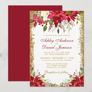 Hochzeitsfeier Rote Poinsettia Gold Glitzer Einladung