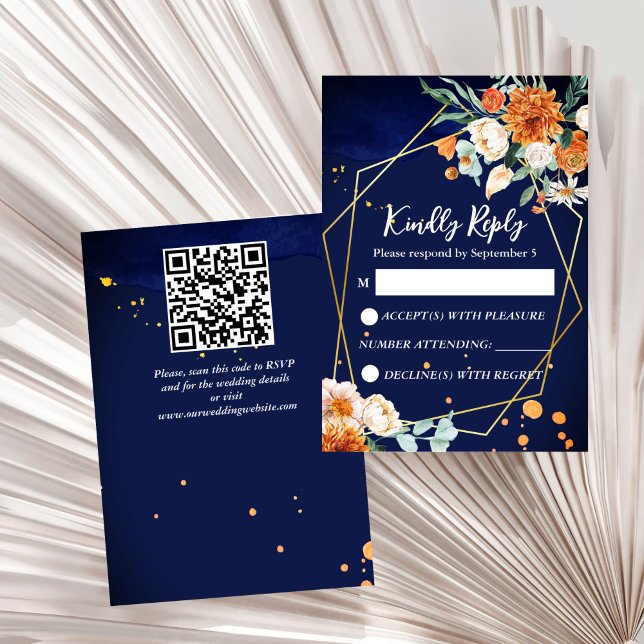 Hochzeitsfeier RSVP Karte (Navy blue orange white roses geometrical gold frame wedding RSVP card wedding invitation suite)