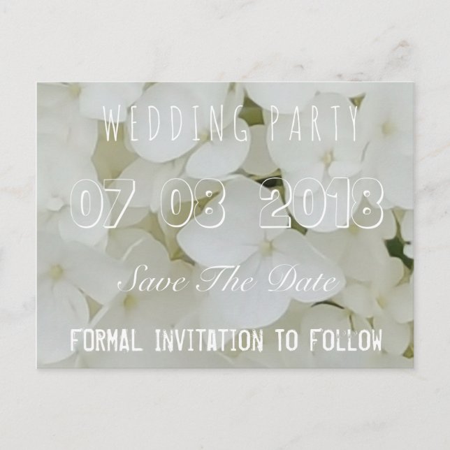 Hochzeitsfeier Save the Date Floral Hydrangea Whit Ankündigungspostkarte (Vorderseite)