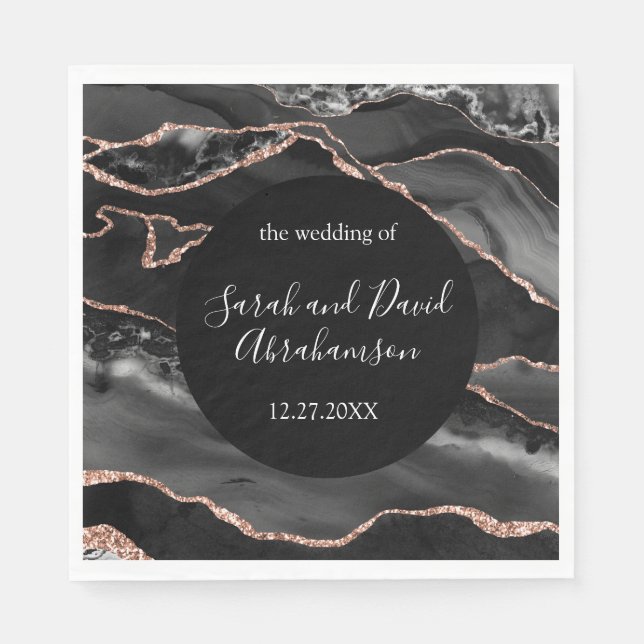 Hochzeitsfeier Schwarz und Rose Gold Glitzer Agate Serviette (Vorderseite)