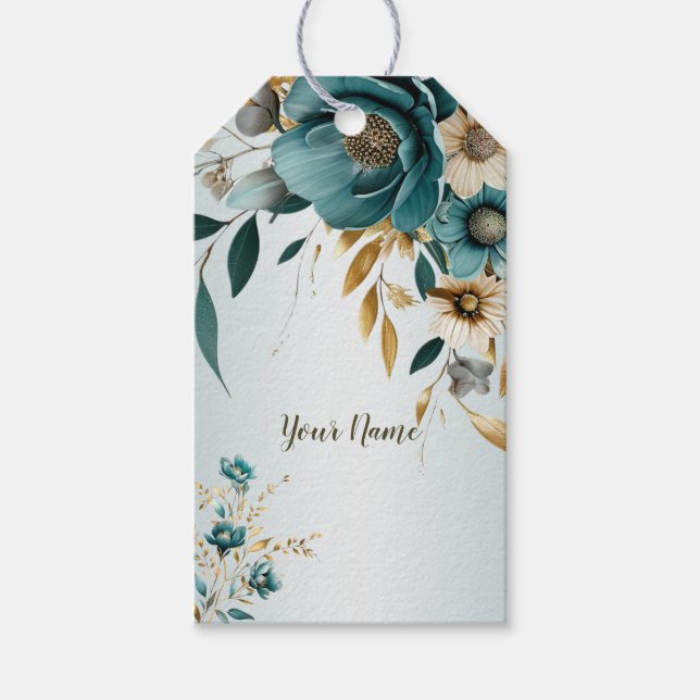 Hochzeitsfeier Türkis Weiße Blume Goldene Blätter Geschenkanhänger (Vorderseite)