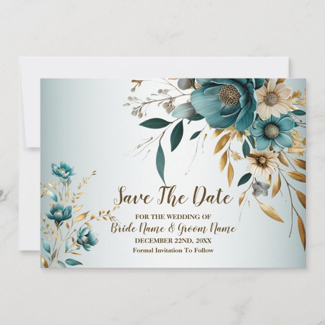 Hochzeitsfeier Türkis Weiße Blume Goldene Blätter Save The Date (Vorderseite)