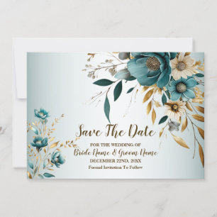 Hochzeitsfeier Türkis Weiße Blume Goldene Blätter Save The Date