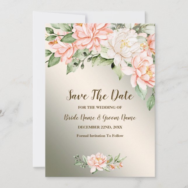 Hochzeitsfeier Wasserfarbe Peach Weiße Blume Save The Date (Vorderseite)